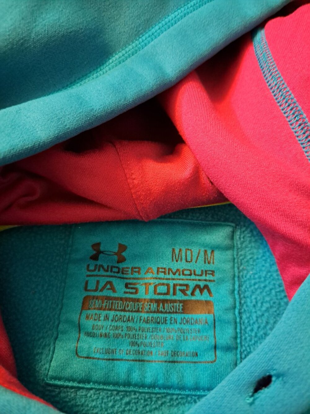 Under Armour Storm turquoise fleece-lined hooded sweatshirt w/ pink&yellow logo - Picture 4 of 6